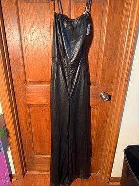 Good American Black Faux-Leather Spaghetti strap jumpsuit